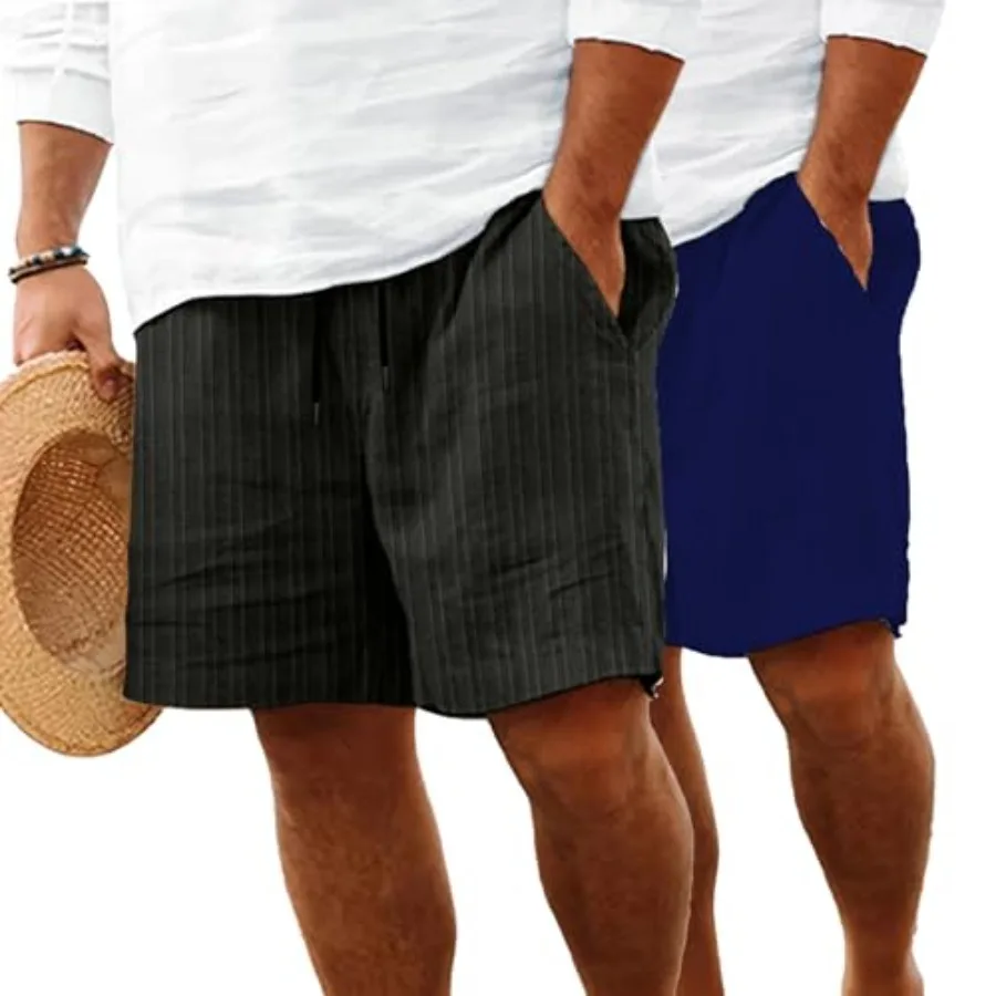 

Mens Linen Shorts Flat Front Casual Elastic Waist Drawstring Summer Beach Vacation Shorts with Pocket 9Inch