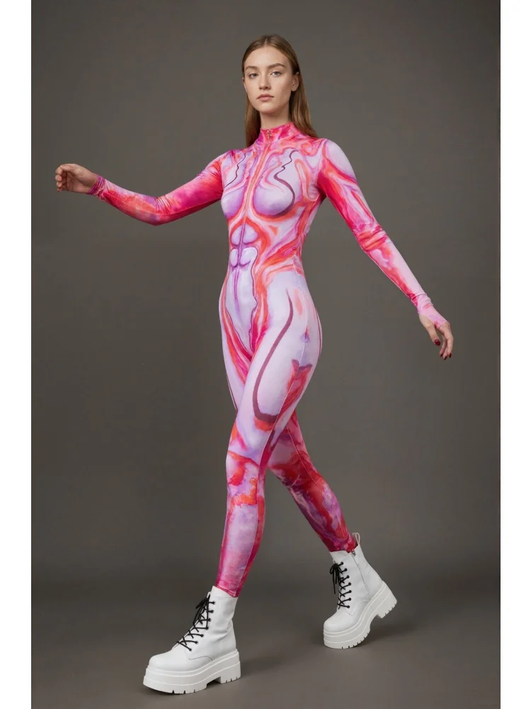 Bunter 3D-Druck-Feen-Regenbogen-Zentai-Bodysuit, Halloween-Feiertags-Party-Cosplay-Alien-Kostüm, Stretch-Jumpsuit, eng anliegend für Damen – Detail 4