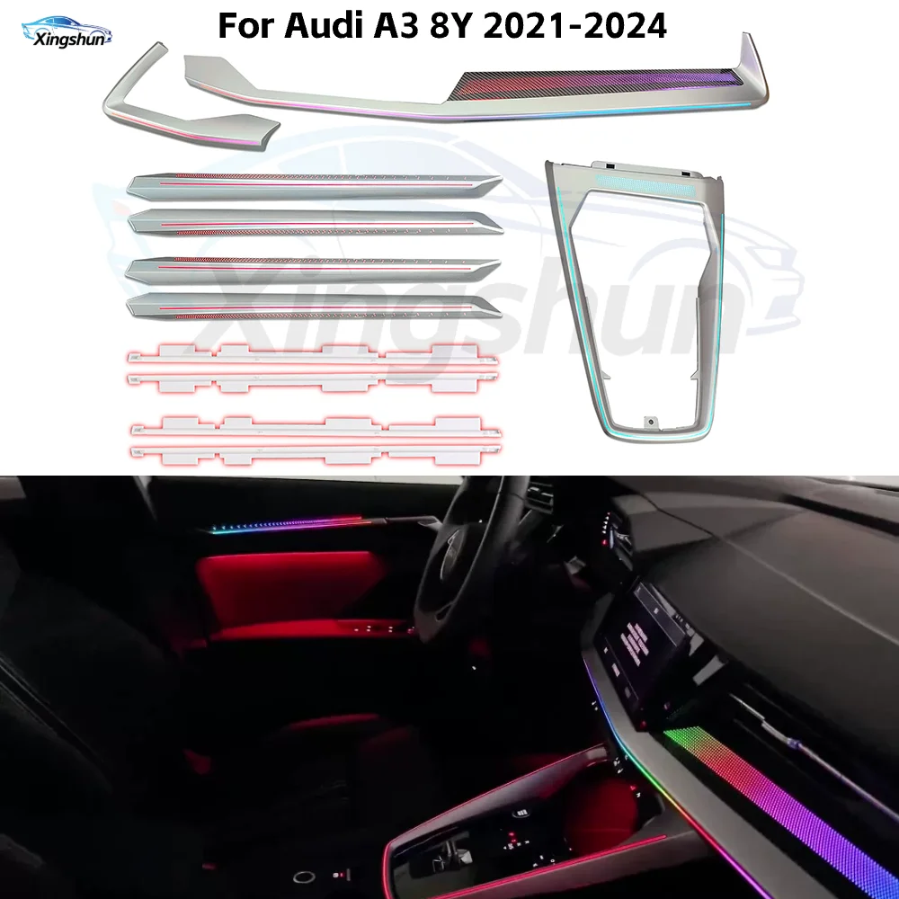 

Комплект светодиодной подсветки салона (64 цвета) с управлением через приложение для Audi A3 8Y (2021-2024), включая подсветку приборной панели и дверных карт