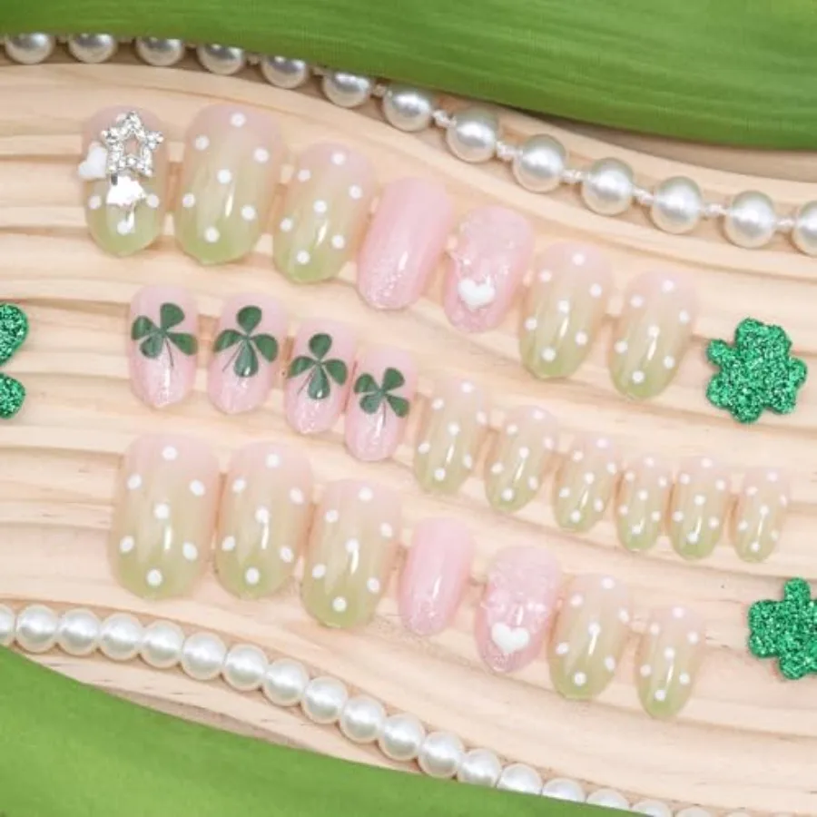 24Pcs Almond Press on Nails Short St Patricks Day Fake Nails with 3D Heart Bow Star Designs Glitter Green Shamrock False Nail W view 3