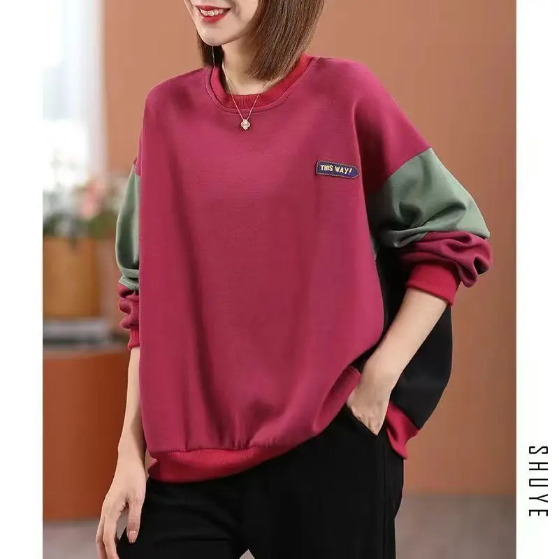 Women Vintage Contrast Color Patchwork Oversize Streetwear Sweatshirt Y2K Casual Round Neck Long Sleeve Pullover Tops Sudaderas