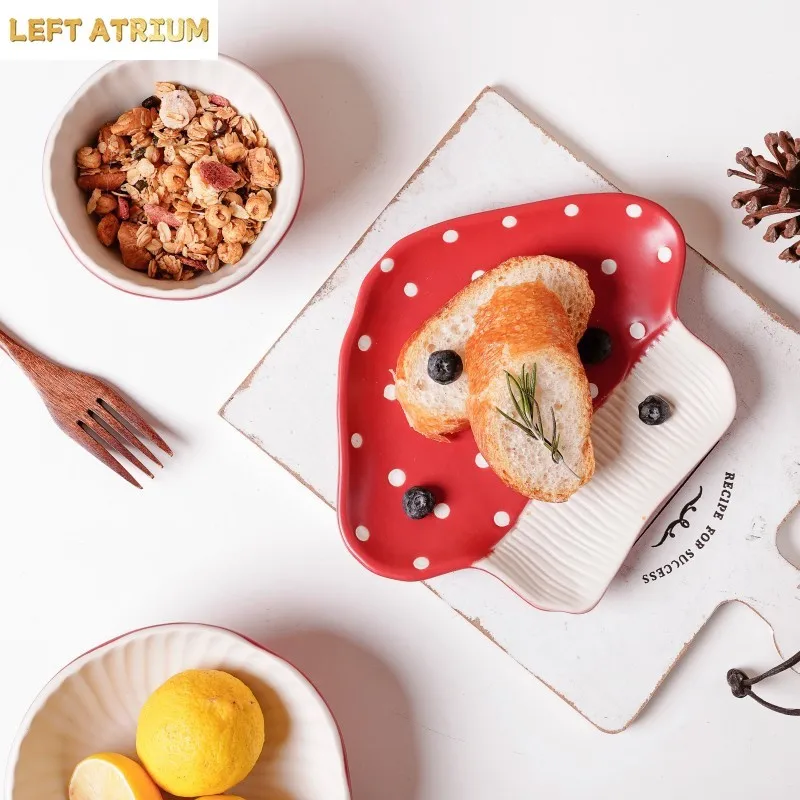 Chic Mushroom Ceramic Tableware Sets Contrast Red Color Dot Rice Bowls Salad Plates Dessert Dishes 1.2L Noodle Bowls Dinnerwares view 6