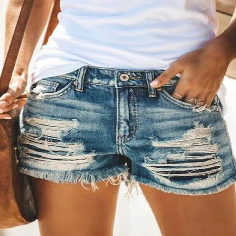 Shorts jeans rasgados de perna larga para mulheres, design fino de borla cintura alta, calças curtas quentes, azul retrô, verão, novo, 2024