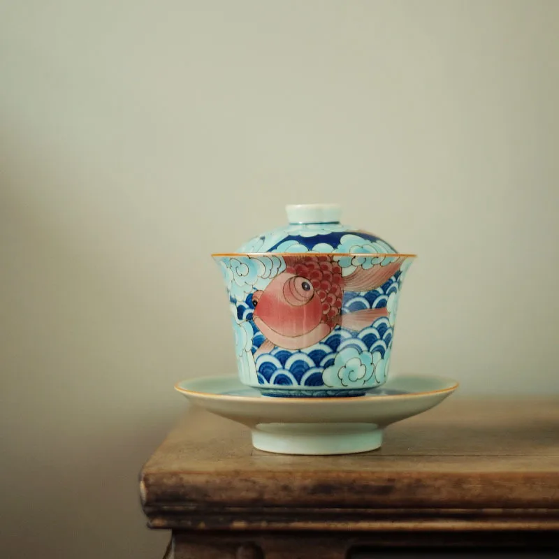 Ten Days Zhen Five-Color Underglaze Hand Painted Blue and White Koi Full Drawn Blank Porcelain Gaiwan Heavy Industry Sewed Tea