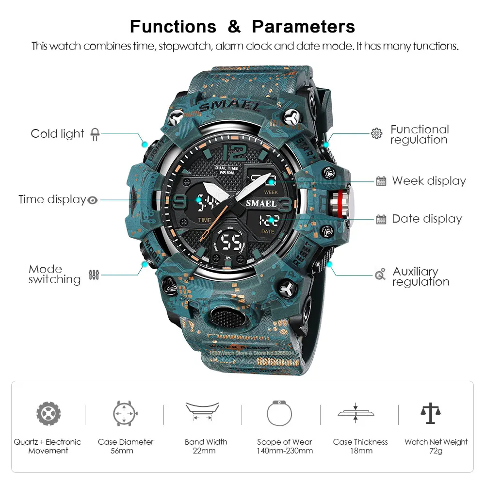 SMAEL Military Sport Watches for Men LED Dual Time Display Digital Wristwatch Fashion Waterproof Chronograph Quartz Watch Male