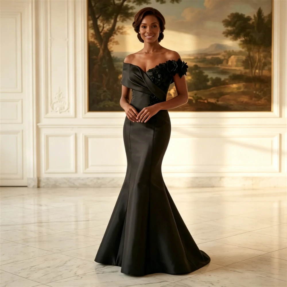 Customized Black Off Shoulder Mermaid Maxi Mother of Bride Dress Ruffle Floral Applique Ruched Satin Formal Wedding Party Gown