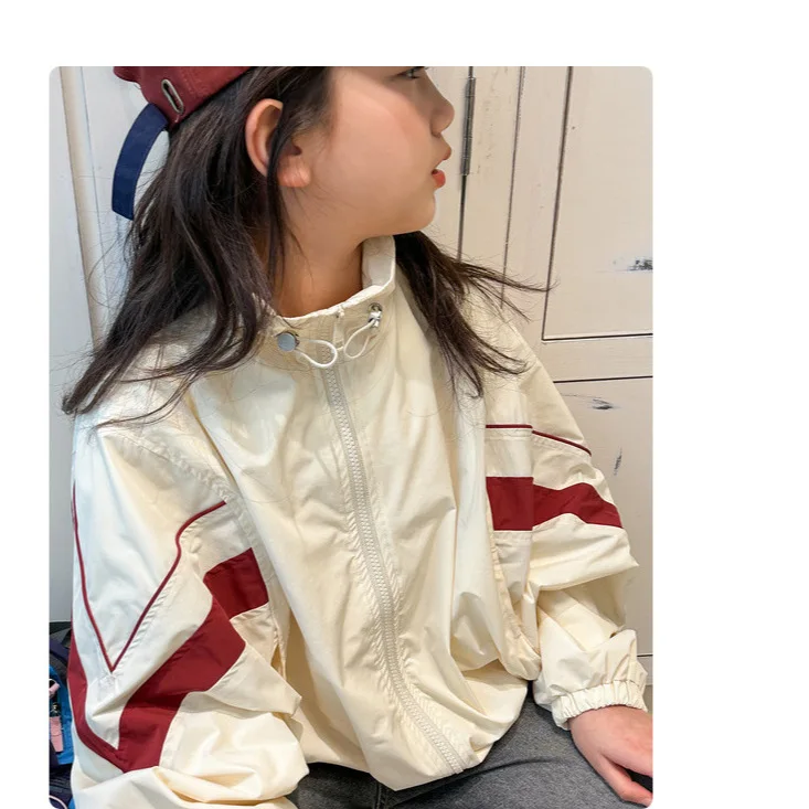 Windproof Jacket Coat Grils Children Spring New Autumn Long Sleeves Vintage Color Clash Fashionable Comfortable Loose Casual