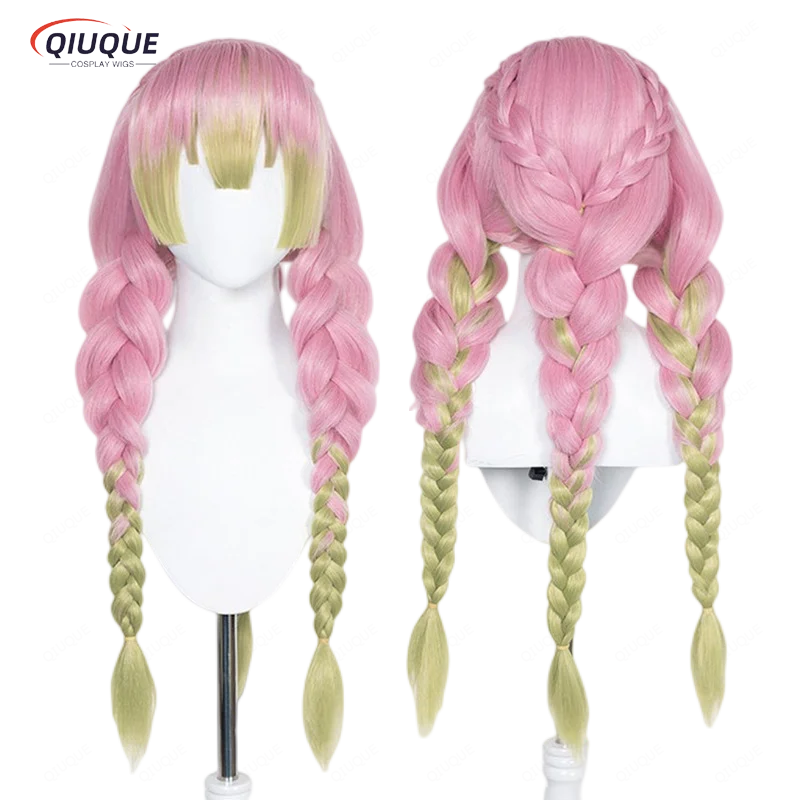 

Anime Kimetsu no Mitsuri Kanroji Cosplay Wig Long Pink Green Braids Heat Resistant Synthetic Hair Wigs + Wig Cap