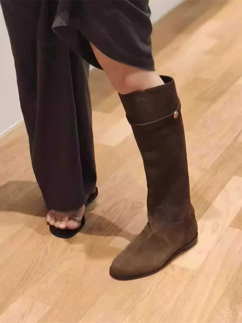 

Howus Cowhide Leather Mid-Calf High-Cut Boot Women's Brown Long Boot High-Rise Knight Boot Suede Korean Sle Faion Boot