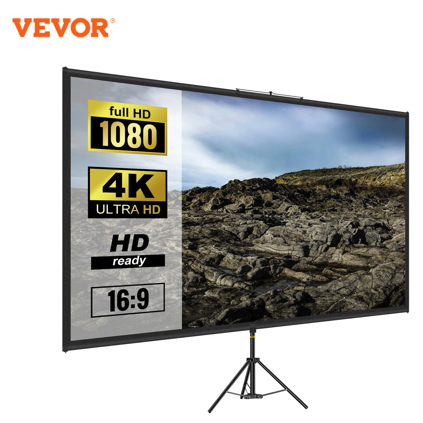 VEVOR 60 70 80 90 100 110 Inch Tripod Projector Screen W/ Stand 16:9 4K HD Portable Home Cinema for Indoor & Outdoor Projection