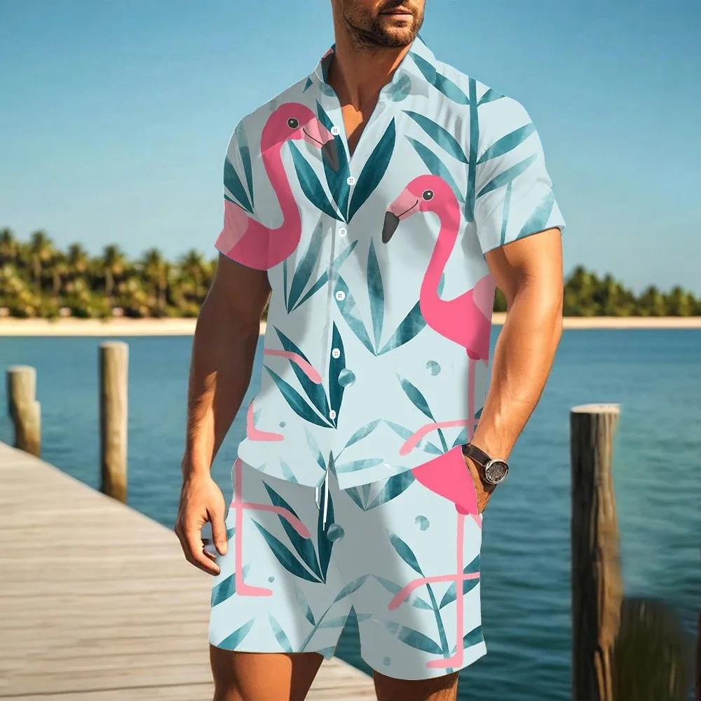 Men\'s Beach Shirt Shorts Two Piece Holiday Beach 3D Printed Shirt Short Sleeve Shorts Set Plus Size Menswear Flamingo Printed