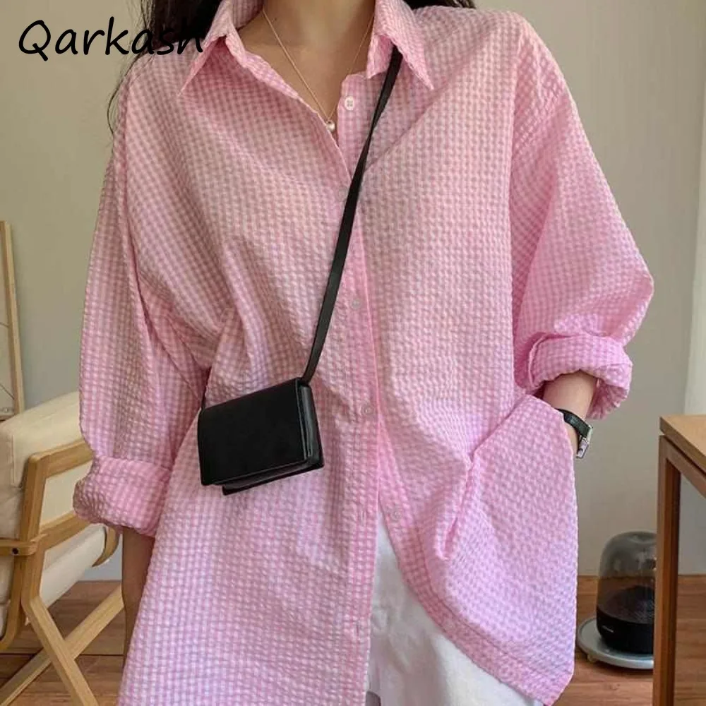 Tender Women Shirts Plaid Harajuku Loose Sun-proof Slouchy Korean Style All-match Simple Leisure Long Sleeve Daily Classical Tee