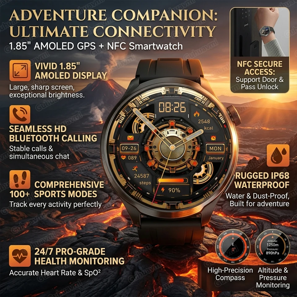 

New 1.85"AMOLED NFC GPS Smart Watches For man IP68 Waterproof Blood Pressure Body Temperature Sport Fitness tracker Smart Watch