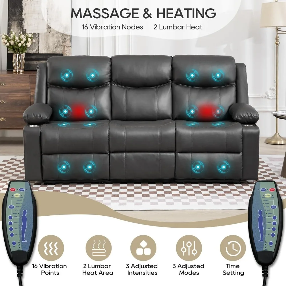 Manual Reclining Sofa - 3 Seat Recliner Sofa with Heat & Massage Function, Wall-Hugger Reclining Sofa for Living Room