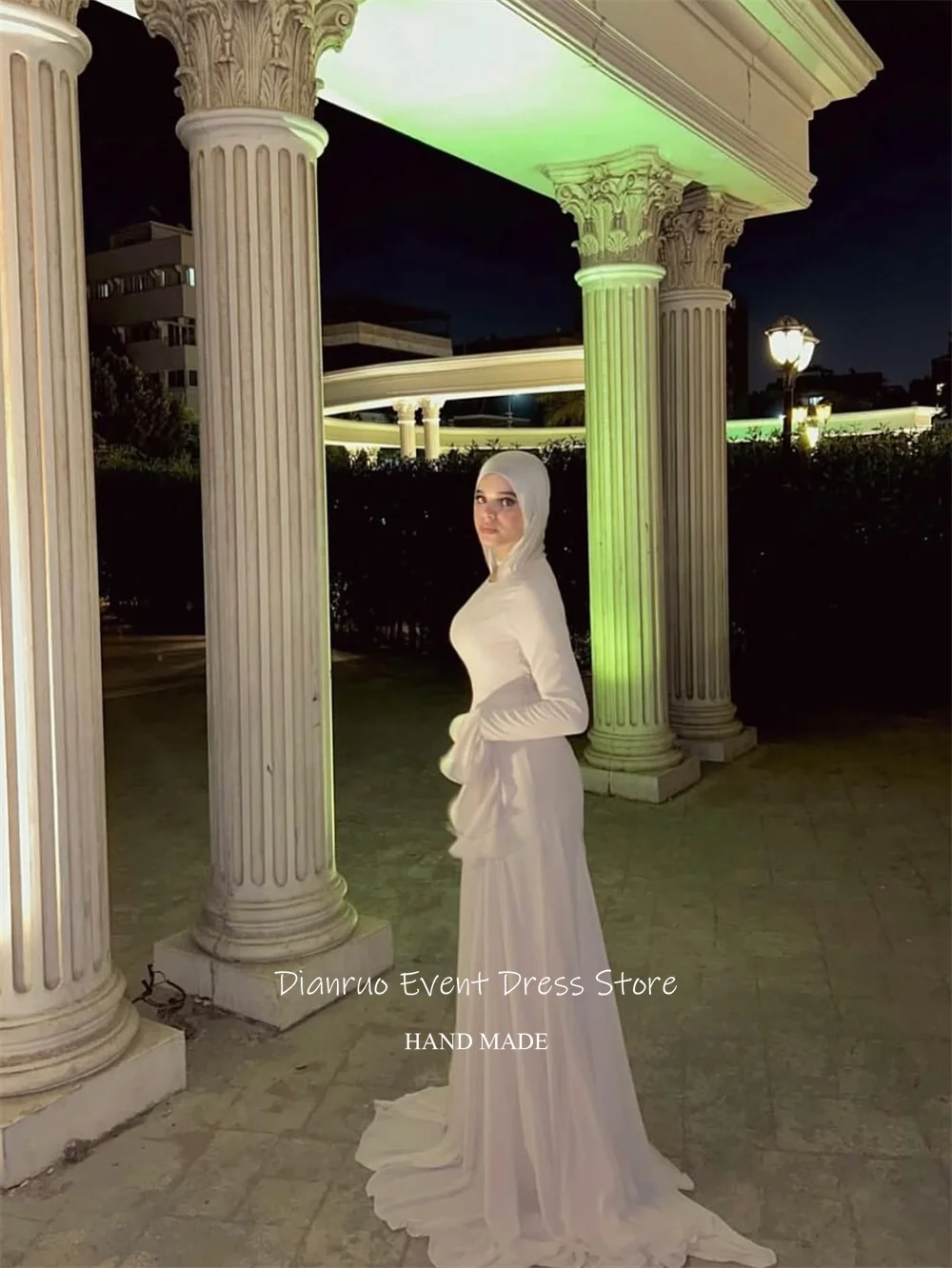 فستان سهرة أنيق مكشكش من Dianruo شيفون بأكمام طويلة فستان حفلات عربي ثنيات فستان زفاف إسلامي مخصص للضيوف