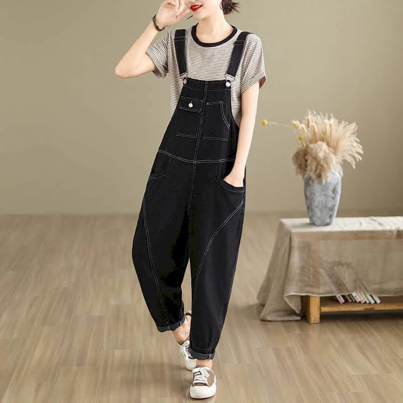 Denim Jumpsuits Women Harem Pants Korean Style Vintage Playsuits Casual Minimalist Trousers Loose Overalls for Women Clothes