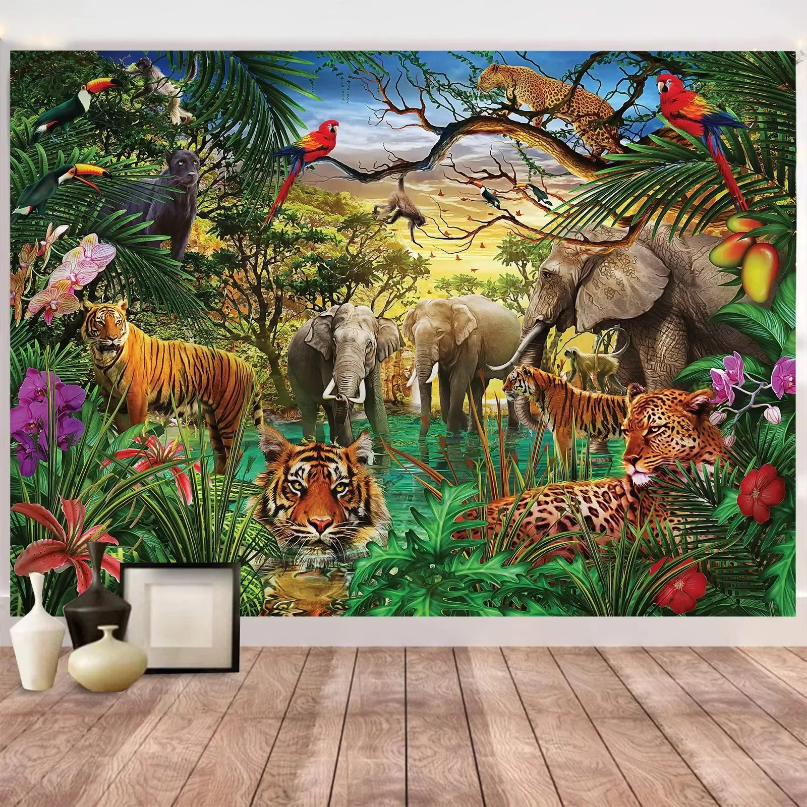 Animal World Tapestry Forest Tiger Elephant Giraffe Children Room Wall Bedroom Living Room Decorations Home Tapestry