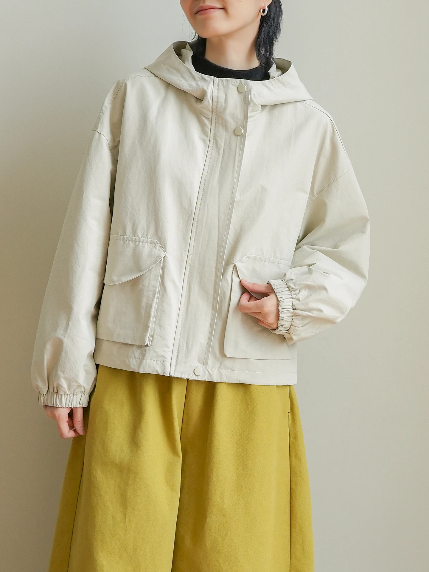 

Casual Cotton Hooded Jaet 200g Women's Loose Fit Dstring Bot Pure Color Top Autumn Wear Straight Tube Long Sve