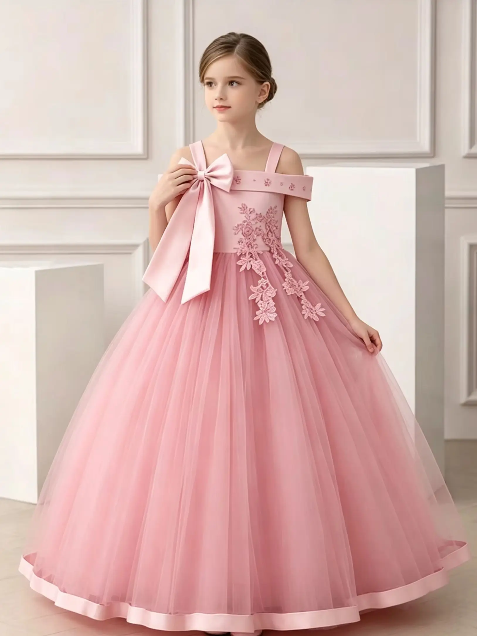 Summer Girls' New Solid Color Butterfly Bow Decal Pearl Suspender Long Mesh Princess Dress Birthday Party Wedding Evening Dress