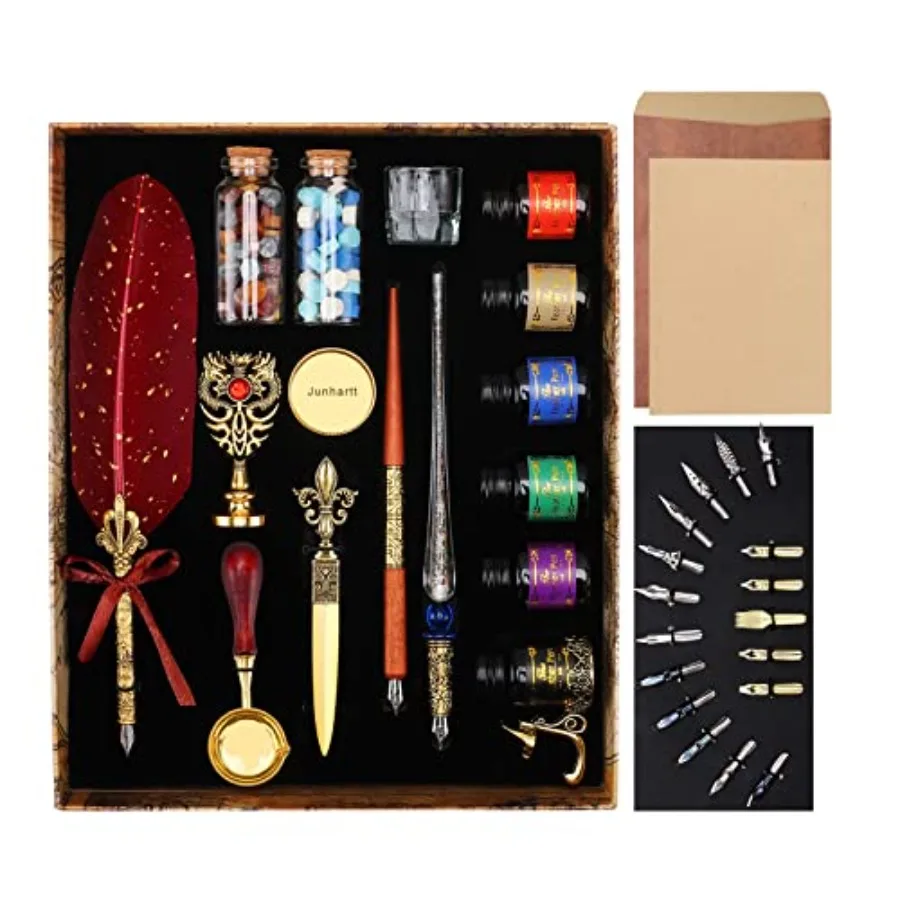 

Quill Feather Pen and Ink Set Calligraphy Pen Glass Dip Pen and Wax Seal Stamp Kit Red