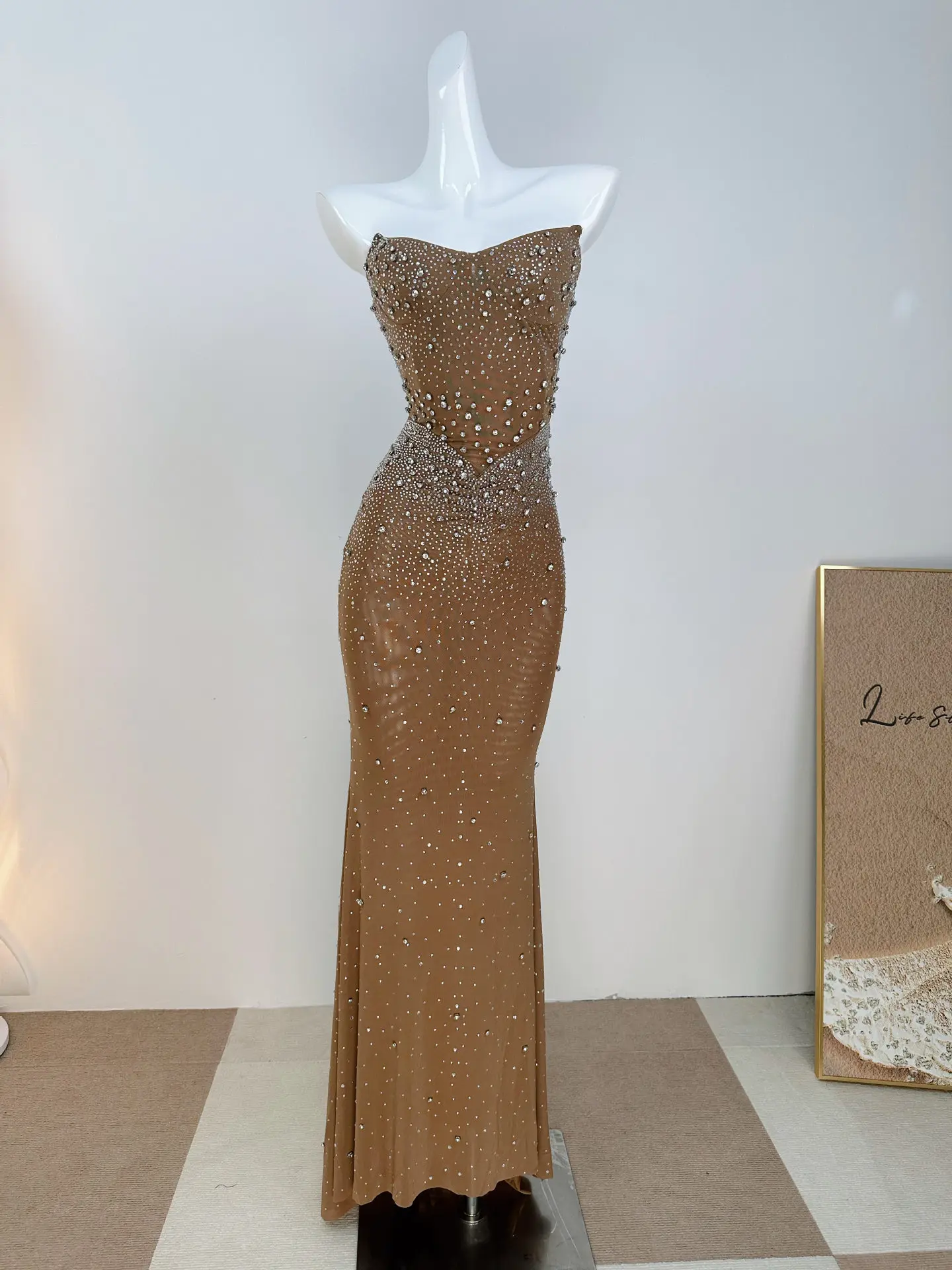 

Women’s Coffee Brown Strapless All-Over Beaded Bodycon Mermaid Maxi Dress Luxury Formal Evening Gown