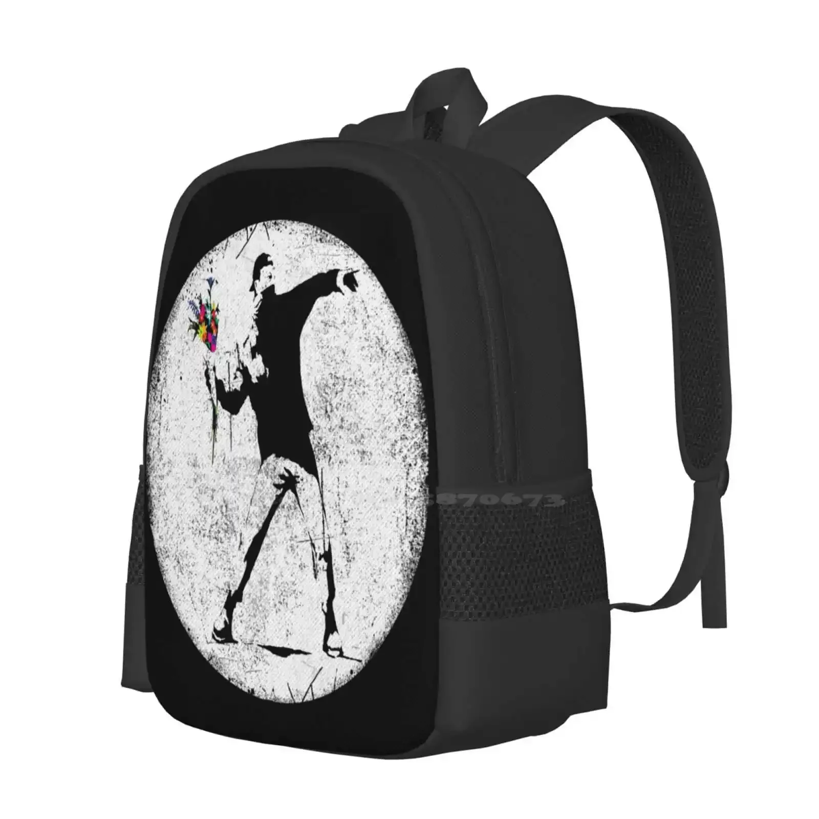 بانكسي بروتيستر رمي الزهور رائجة البيع حقيبة مدرسية على ظهره حقائب الموضة شارع الفن الكتابة على الجدران بانكسي رمي الزهور مضحك