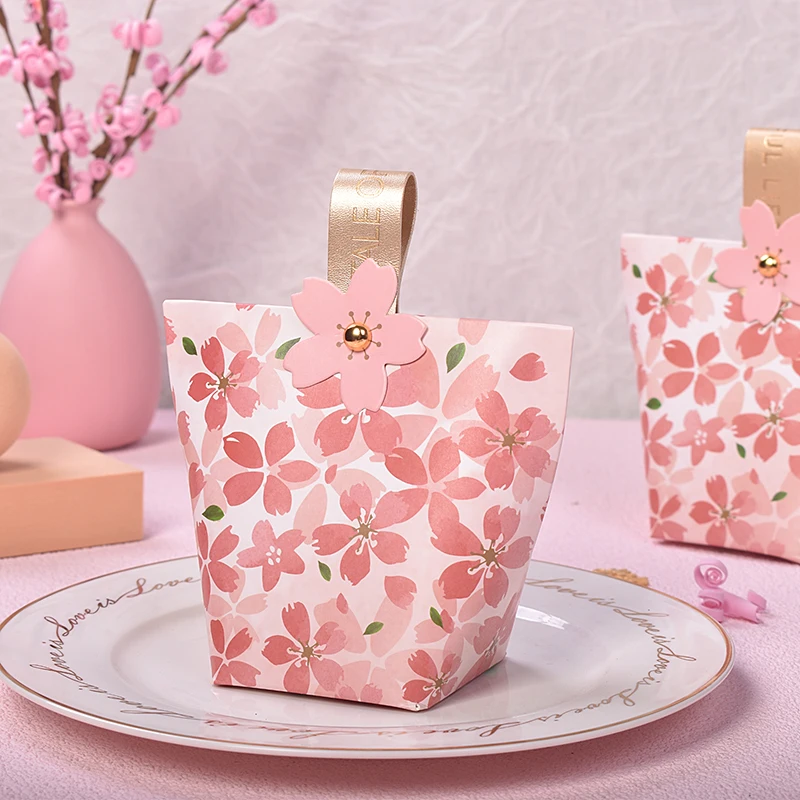 20 Pcs/Lot Creative New Leather Handle Wedding Candy Box Sweet Cherry Blossom Series Holiday Small Gift Packaging Paper Box