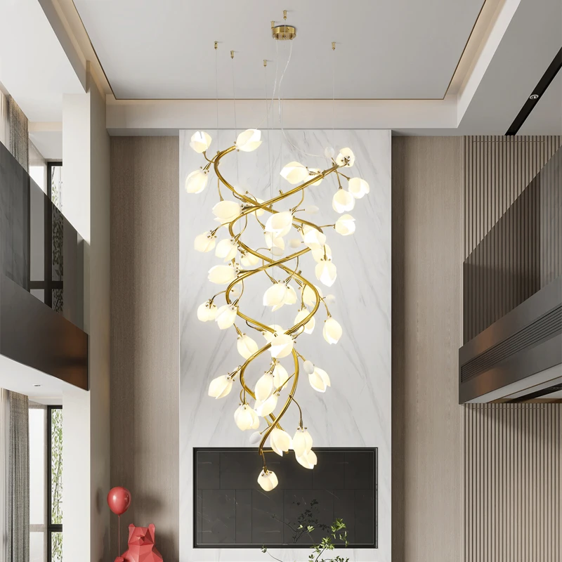 Villa Duplex Living Room Chandelier Designer Creative Flower Lighting Fixtures High Rise Staircase Long Modern Chandelier Decor