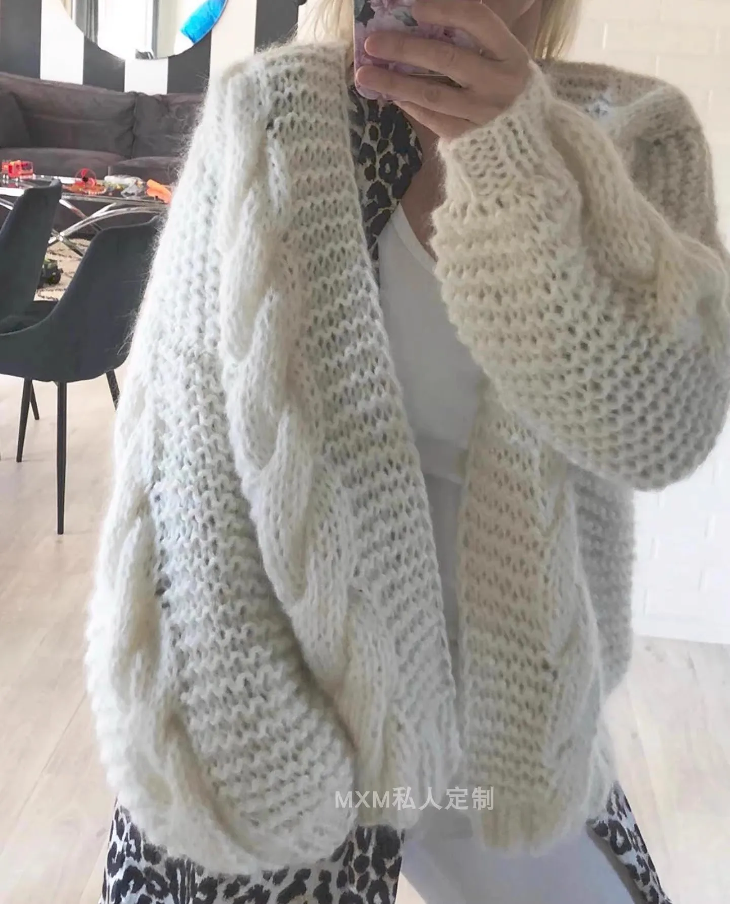 Women's Fried Dough Twist Mohair Cardigan Loose Lazy Casual Sweater Hand Knit Coat New Ins Hot Stick Needle Spring, Autumn, 2024