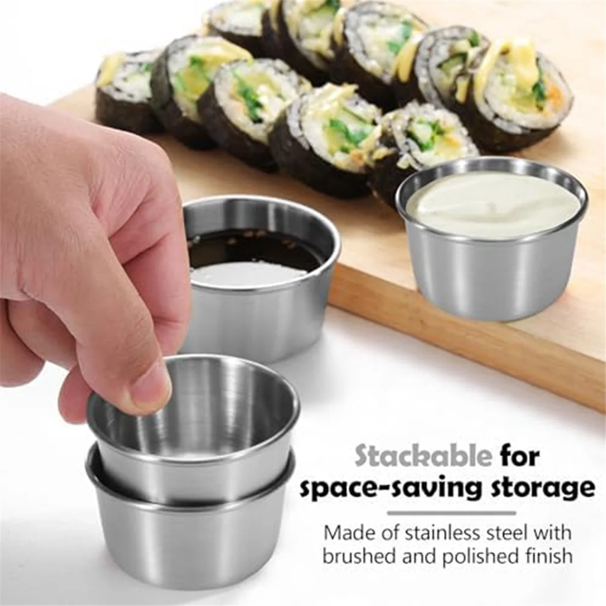 6Pcs 2 Oz Stainless Steel Dipping Sauce Cup, Mini Dip Bowls, Reusable Metal Condiment Cups Ramekins Containers (Silver)