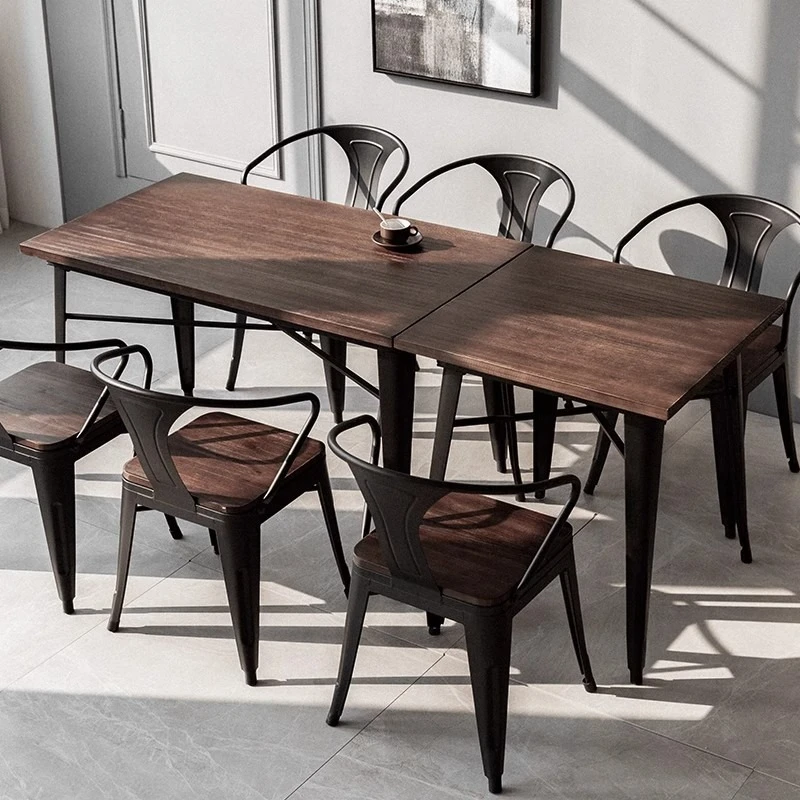 

Solid wood restaurant barbecue dining table and chairs Retro milk tea shop music dining bar table and chairs