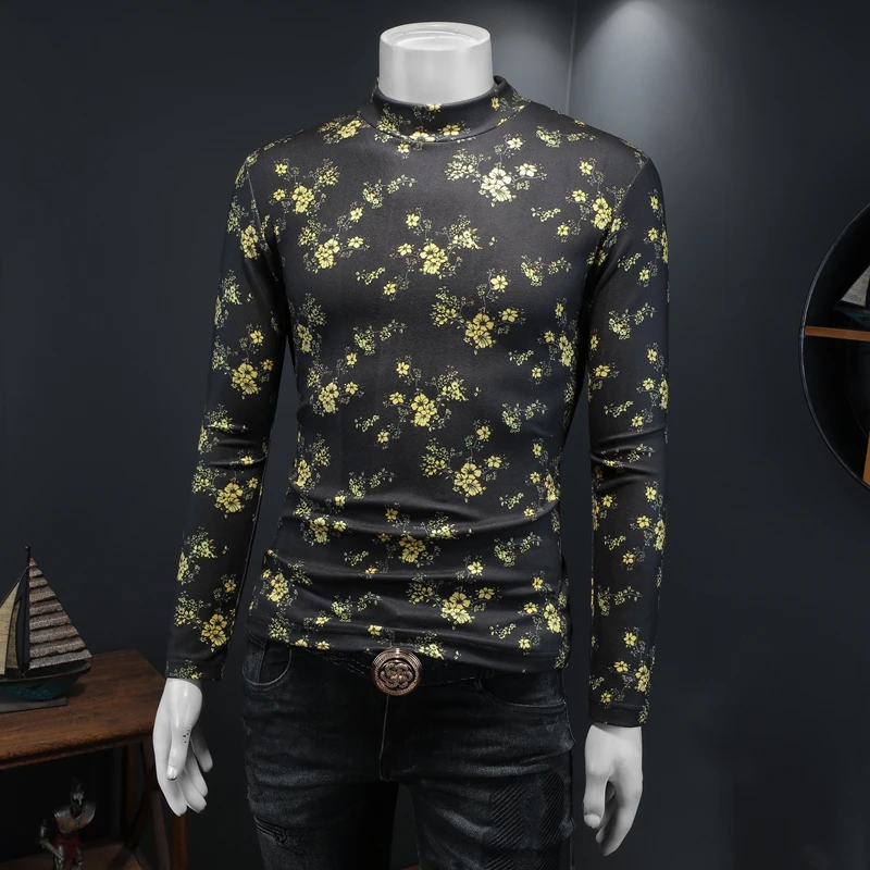 

Удобная мужская футболка с длинным рукавом, повседневная, с цветочным принтом, из высококачественного полиэстера со спандексом, идеально подходит для осенне-зимнего сезона