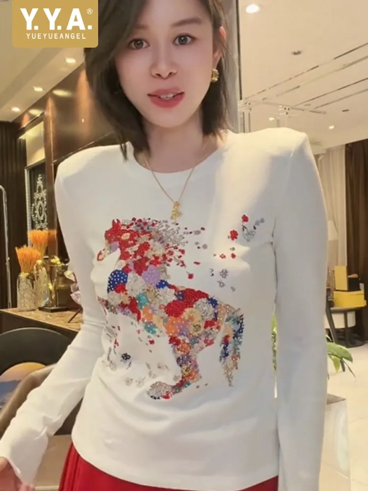 

Новая весенняя женская футболка с длинным рукавом, круглым вырезом, облегающая, модная, с принтом в виде бриллиантов, пуловер, уличная повседневная одежда, женские топы