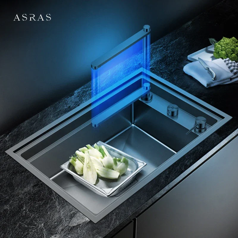 ASRAS New Nanometer Double Cover hidden kitchen Sink 304 Stainless Steel 4mm Thickness Handmade Brushed Single kitchen Sink