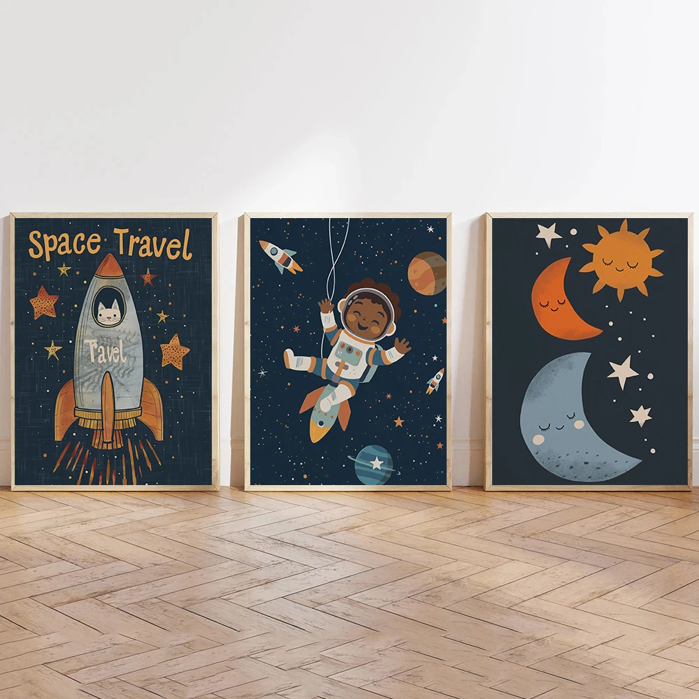 1pc frameless Canvas Painting Dreamy Space Galaxy Astronaut Nursery Posters Colorful Planet Sleepy Celestial Prints Canvas Wall