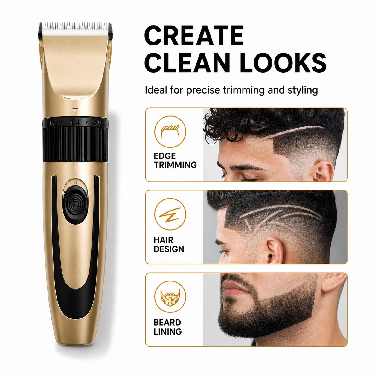 Rechargeable Electric Hair Clipper with Multiple Hair Length Settings, Metal Body, Low Noise, Men's Sideburn and Beard Trimmer, Home Self-Service Hair Cutting, Line Carving, Styling, and Trimming Tool
