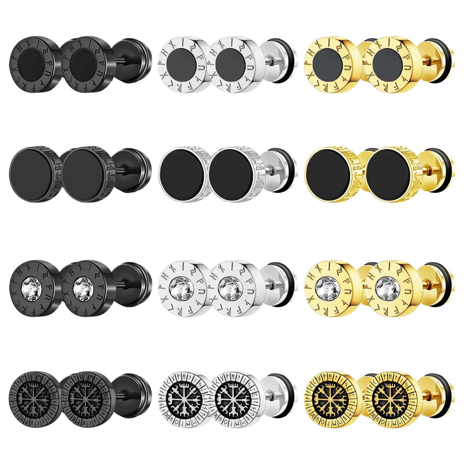 BONISKISS Men\'s Viking stainless steel earrings Nordic style compass rune embellished punk earrings set jewelry gift