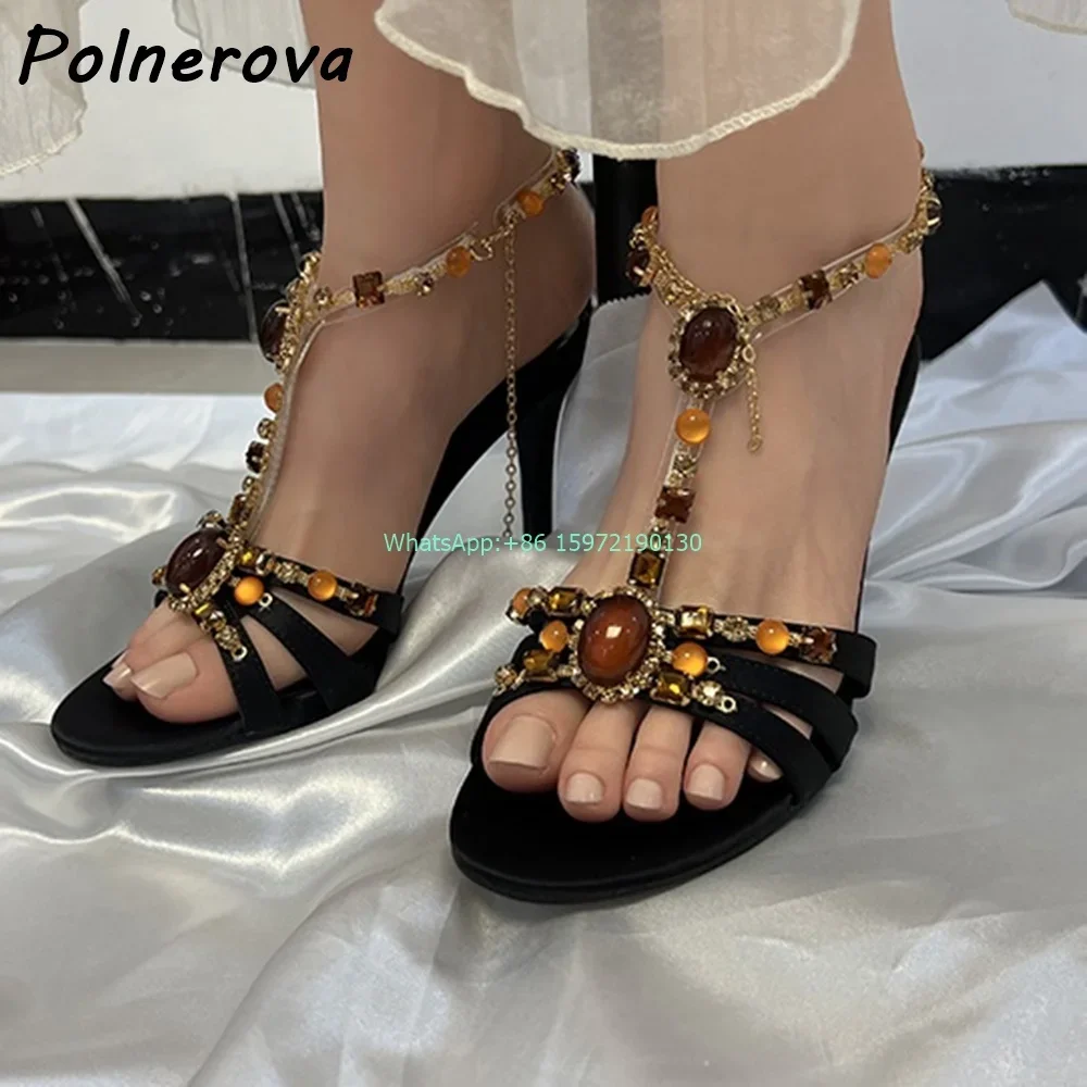 

Rhinestone Metal Chain T-Strap Sandals Round Toe 8Cm Thin Heels Buckle Strap Shoes Roman Princess Luxury Party Stiletto Shoes