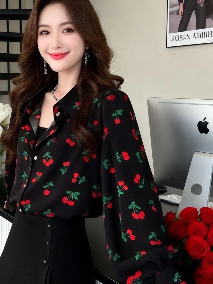 

Chic Cherry Print Women's Shirt Loose Lantern Sleeve Fashionable Ageless Versatile Casual Style Long Sleeve Button up Top