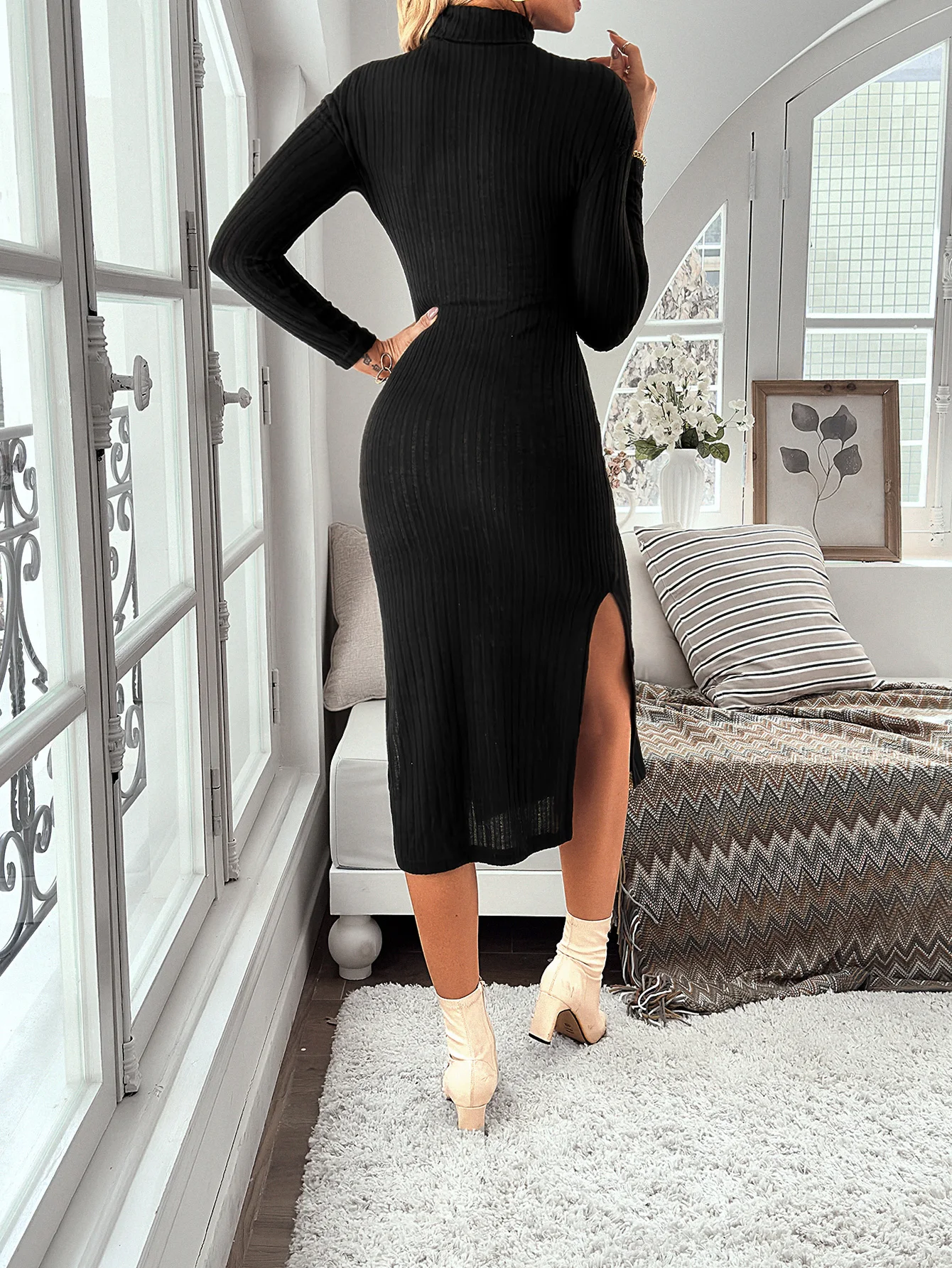 Women 2024 Fall And Winter Fashion Casual Long Sleeve Dress High Neck Side Slit Knitted Striped Texture Solid Color Long Dress