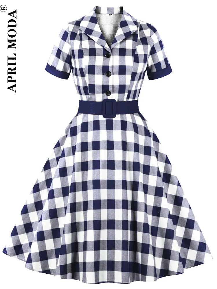 2024 Summer Casual Plaid Women Swing Dress Red Gingham Rockabilly Cotton A Line Sundress Pin Up Vintage Shirt Flare Dresses XXL