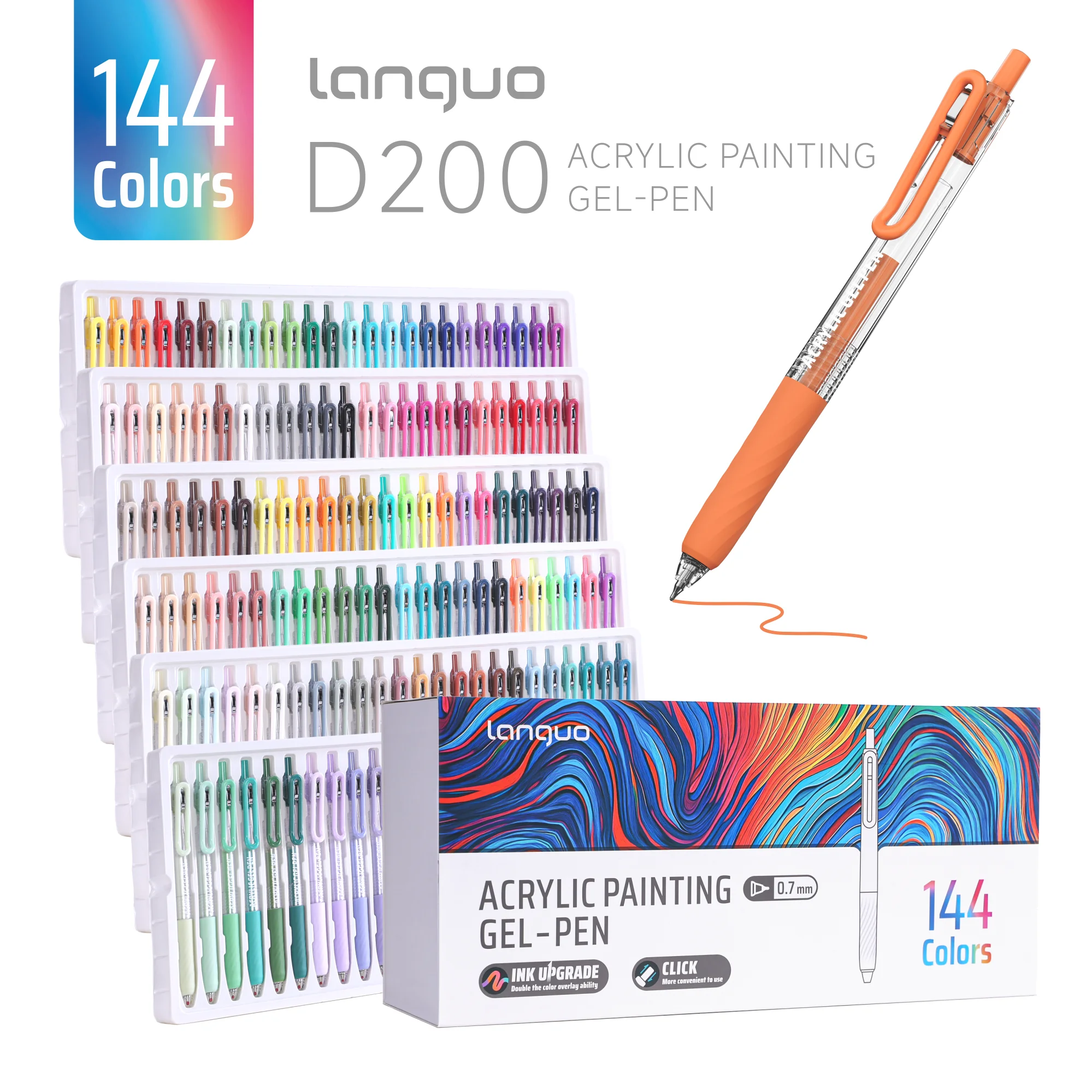 Languo 144 Color Painting Gel Pen Set, Retractable Acrylic Drawing Journal Pen, 0.7mm Fine Tip, Journal Pen Plus, Stainless Steel Pen Tip with Built-In Spring, Smooth Ink Flow, Colorful Fluorescent Gel Pen for Doodling, Handwriting, Watercoloring, Large Capacity, Strong 3D Effect/Strong Layering Effect, Suitable for Diaries, Greeting Cards, DIY Art Creation