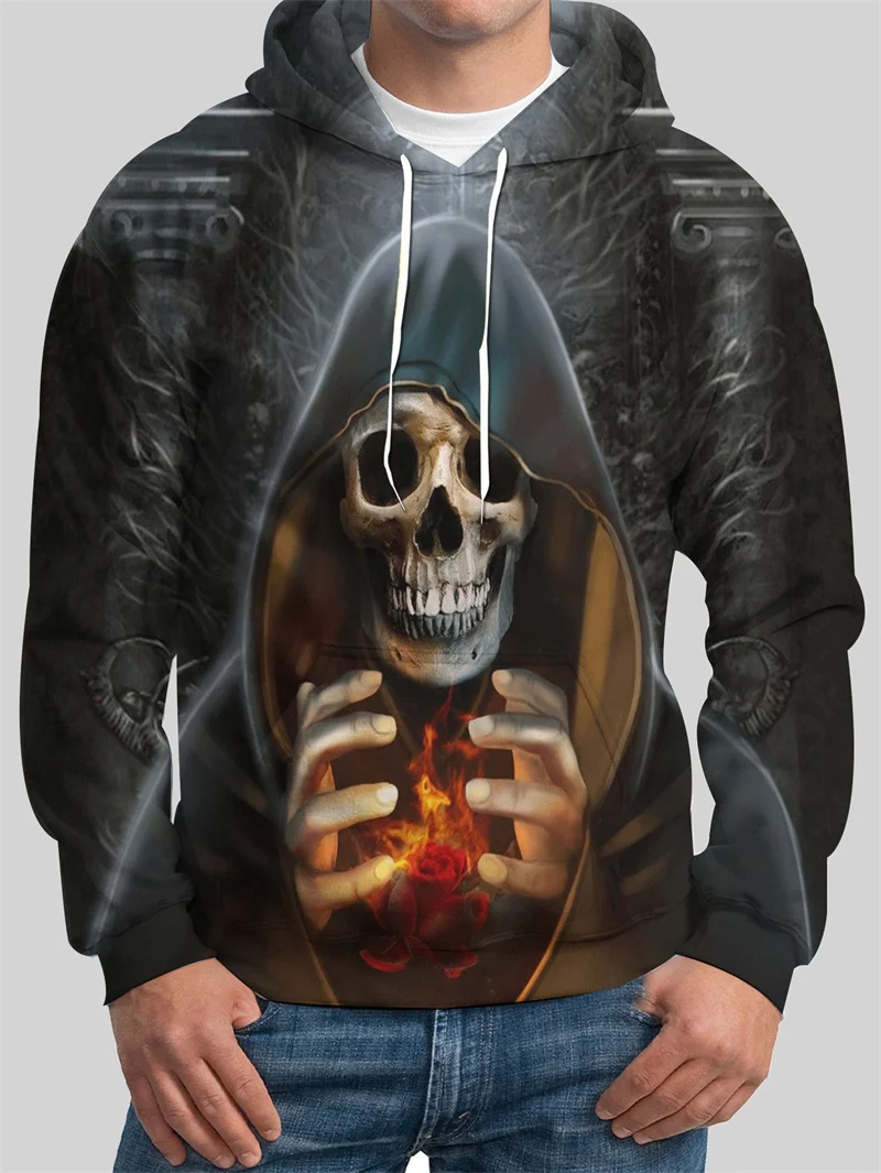 Horror Skull Pattern Men's Hoodies Autumn Winter Long Sleeve 3D Skeleton Print Terror Street Sweatshirt 6XL Big Size Casual Tops