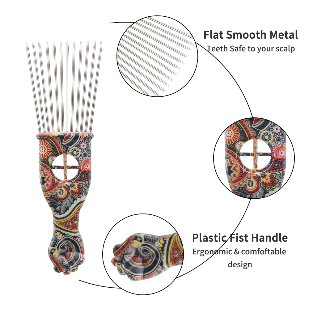 الفولاذ المقاوم للصدأ صالون شوكة مشط واسعة الأسنان تصفيف الشعر مشط الأفريقية الأفرو فرشاة شعر قبضة دبابيس معدنية اختيار الشعر مشط