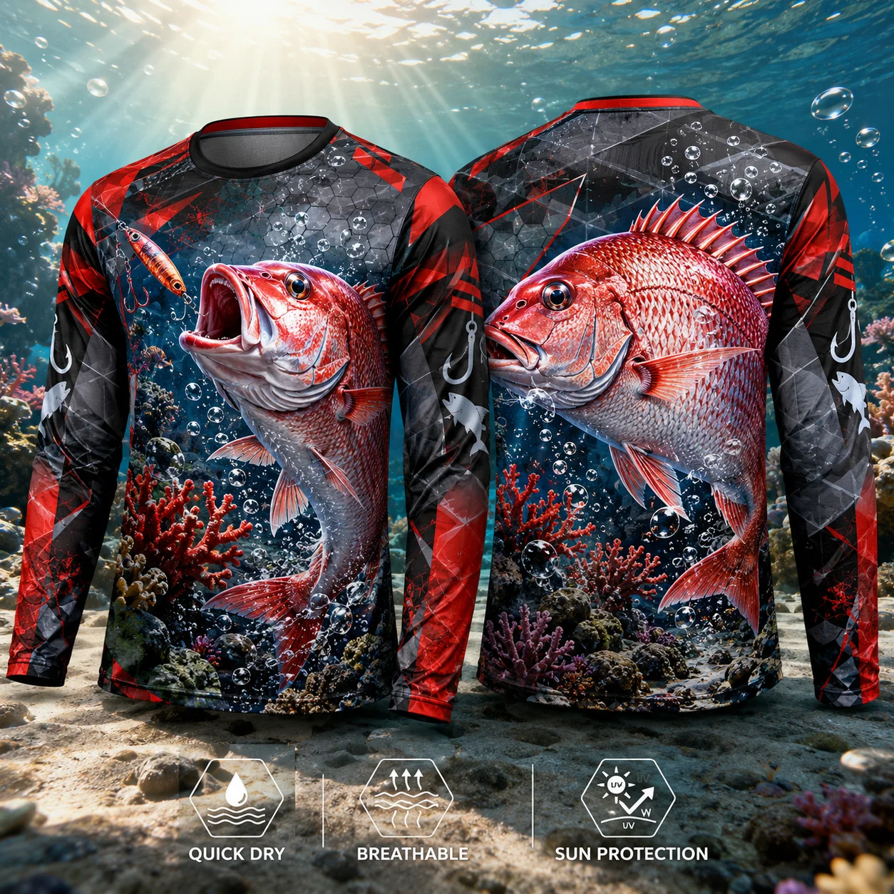 Red Snapper Fishing Shirt Men Ikan Merah 3D Fish Print Long Sleeve Quick Dry UPF 50 UV Protection Fishing Jersey Outdoor Angling