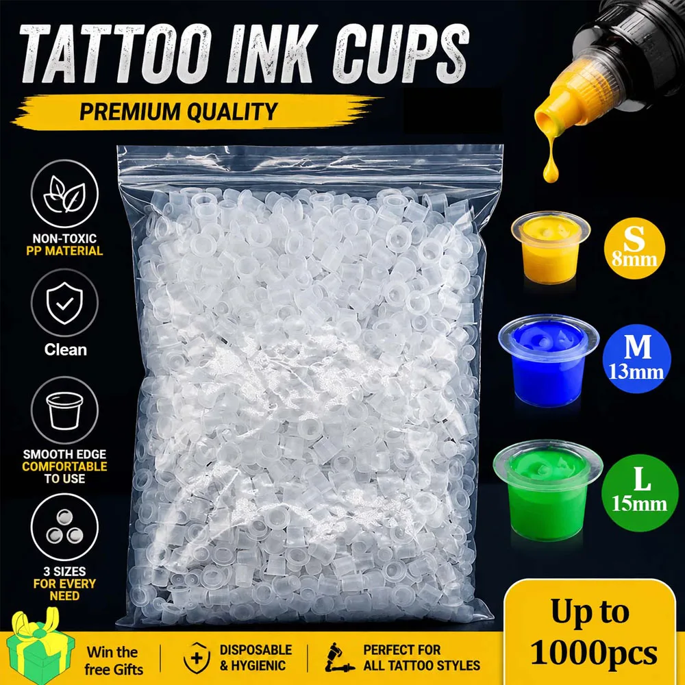 1000/500/100pcs Plastic Tattoo Ink Cups 15mm 13mm 8mm Clear Tattoo Ink Holder Container Caps Makeup Tattoo Pigment Accessories