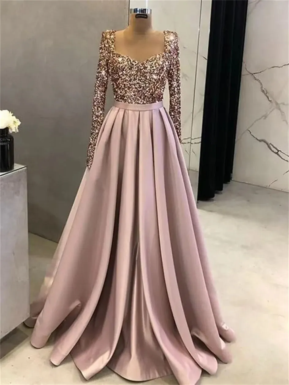 

Pockets 2024 Long Sleeves Sequin Prom Dresses Satin Ball Gowns Dresses for Women Square Neck Formal Evening Wedding Guest Dres