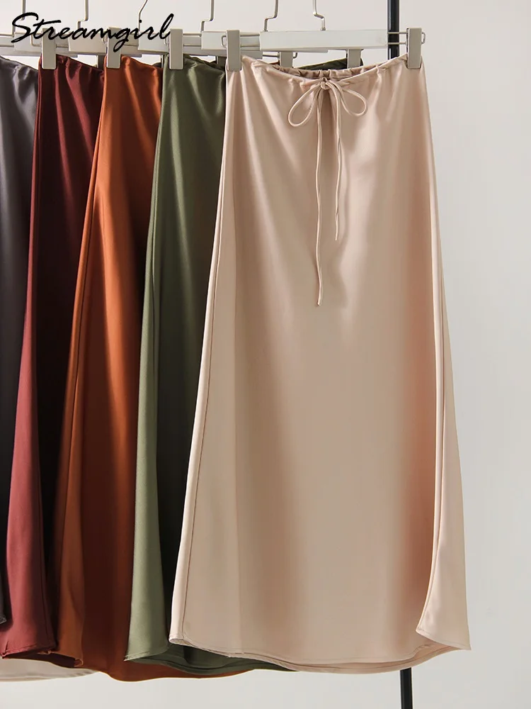 Champagne Long Skirts For Women Elegant 2024 Luxury Satin Skirt Long Beige A Line Tie Up Army Green Maxi Skirts For Women Autumn