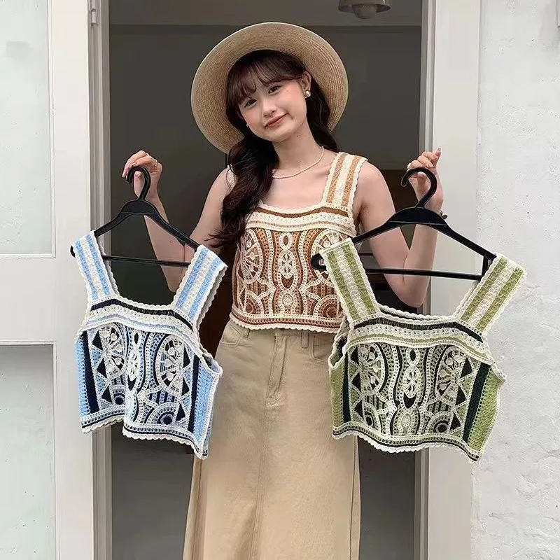 Boring Honey French Chic Sweet Spicy Suspender Vest Summer Thin Hollow Out Bohemian Short Top Women All-Match Slim Loose Top