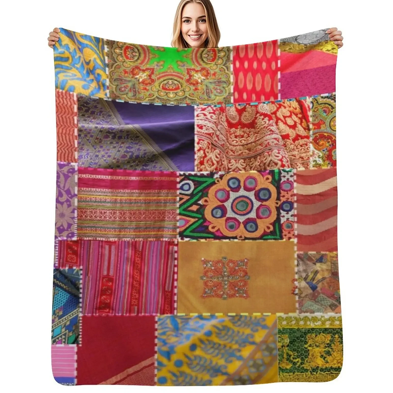 

Boho Art Sari Patchwork Quilt Throw Blanket Moving Decoratives Quilt Personalized Gift Blanket